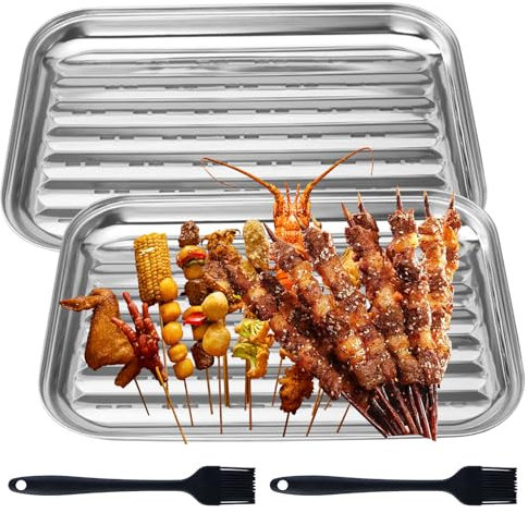 Sporgo Lot de 2 bols à barbecue en acier inoxydable 34 x 24 cm réutilisable avec brosse, accessoires pour barbecue, légumes, poisson, viande, paniers de barbecue, convient pour tous les barbecues