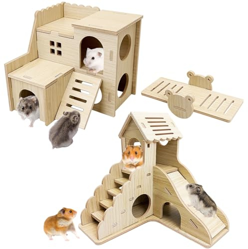 BNOSDM Wood Hamster House Dwarf Hamster Natrual Hideout with Ladder Gerbils Climbing Exploring Seesaw Toys Cage Accessories for Small Hamsters Mouse Mice
