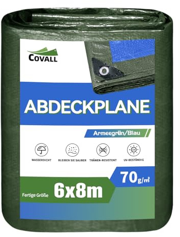 COVALL Telone plastica antipioggia 6x8m, 70g/㎡ telo impermeabile esterno multifunzionale con protezione UV verde/blu, adatto per coperture protettive per auto, coperture antipioggia per esterni