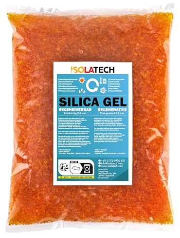 ISOLATECH Silica Gel 1.3 kg - Regenerable Desiccant Granulate as Dehumidifier and Filament Dryer, Indicating Beads Orange to Transparent