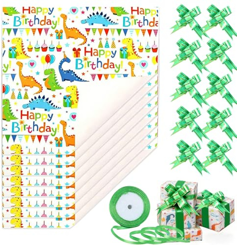 8 ark dinosaurie presentpappersset, 70 cm x 50 cm presentpapper födelsedag med presentbågar och presentband, för födelsedag, semester, babyparty, jul (färg)