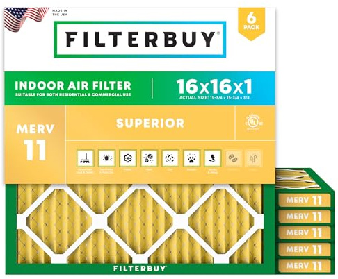 FilterBuy 16 x 16 x 1 luftfilter MERV 11, veckad HVAC AC ugnsfilter (6-pack, guld)