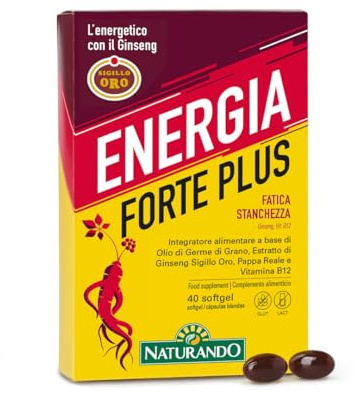 Naturando Energia Forte Plus Complemento alimenticio para la Fatiga Física y Mental con Aceite de germen de trigo, Jalea real, Ginseng IL HWA sello oro y Vitamina B12-40 cápsulas blandas
