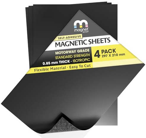 TMS 4 A4 Self Adhesive Magnetic Sheets 0.85mm Extra Sticky, Strong Flexible Car Sign Making and Die Storage