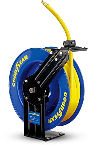 Goodyear Air Hose Reel Retractable 9.5mm x 15m 20BAR Max SBR Rubber Hose Heavy Duty Industrial Steel Single Arm Construction