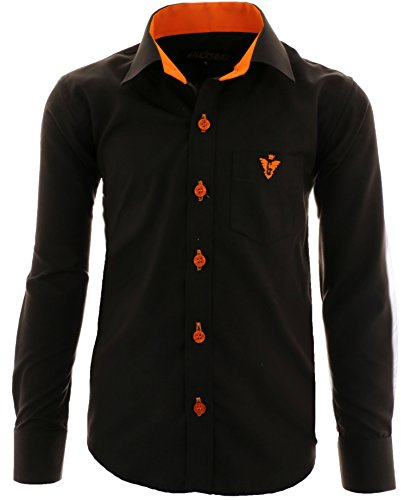 GILLSONZ A4 Fête des enfants, chemise à manches longues facile à repasser pour les loisirs(14-16 ans,Noir-orange)