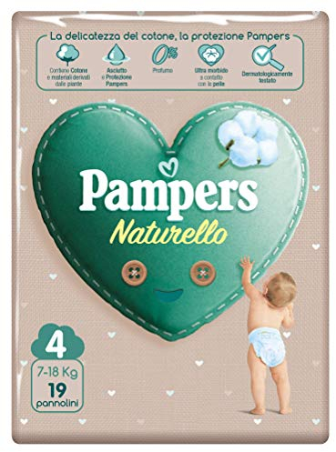 Pampers Acqua Pura, 19 Pannolini Contenenti Cotone e Materiali Naturali Derivanti dalle Piante, 0% Profumo, Taglia 4 (7-18 Kg)