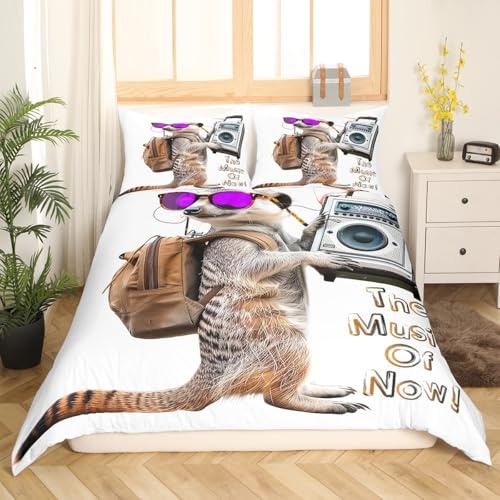 Erosebridal Cute Meerkat Bedding Set Cassette Player Comforter Cover Cartoon Pet Duvet Cover Music Theme Print Decorative Bedspread Cover for Kids Full Size 1 Duvet Cover with 2 Pillow Cases