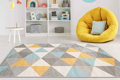 Carpeto Rugs Teppich Wohnzimmer Kurzflor Grau Modern Geometrisch Rauten Muster - Niedrigflor Teppich für Wohnzimmer Jugenzimmer Kinderzimmer/Öko-Tex Pastell Grau Gelb Türkis 200 x 290 cm