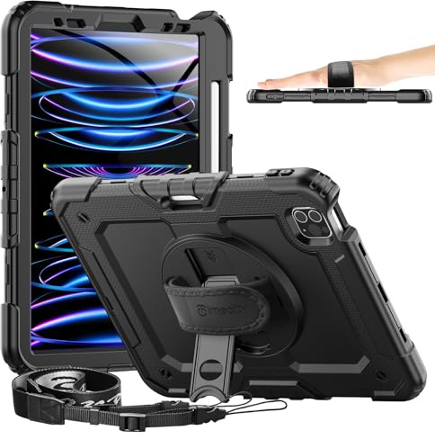 Timecity Case for iPad Pro 11 Inch(2022/2021/2020/2018), Shockproof Case with Screen Protector, Pencil Holder, Shoulder/Hand Strap, 360 Rotating Kickstand for iPad pro 11 Cover Kids- Black