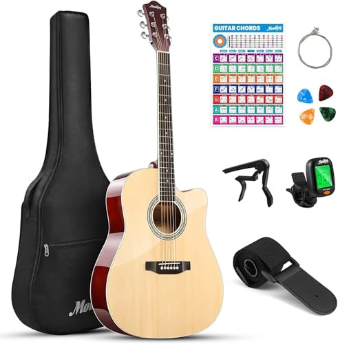 Moukey 41 Acoustic Guitar for Beginners Adults 4/4 Guitarra Acustica with Chord Poster, Gig Bag, Tuner,Steel Strings, Capo, Strap, Natural
