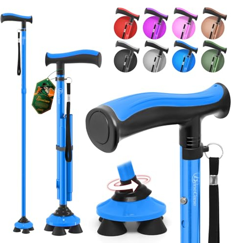 BeneCane Gehstock für Männer & Frauen Klappbar Einstellbar leicht stabil zusammenklappbare Heavy Duty mit weichen TPR T-Griff und Reisetasche Blau