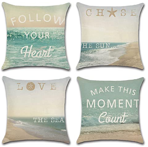 OCEUMACO Leinen Kissenbezug 50x50 Strand Muster Kissenhülle 4er Set Quadratisch Sofakissen Dekokissen Bezug für Couch Natur Meer Kissen Kissenbezüge Outdoor Deko Couchkissen Zierkissen - Mint