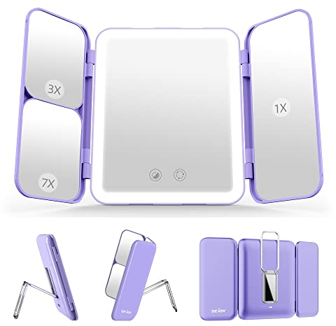 LED Makeup Mirror with Lights 3 Colour Light Rechargeable Portable Travel Mirror with 1X/3X/7X Magnification, Tri-Fold Lighted Vanity Mirror Make Up Mirror with Lighting Gift for Girls and Women
