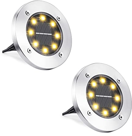 Joomer Luci Solari Esterno Giardino, 2 Pezzi 8 LEDs Lampada Solare da Terra Bianco Caldo Faretti Led Solari da Esterno Impermeabile Luce Sepolta Giardino per Prato Vialetto Scala Paesaggio
