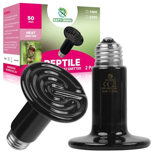 REPTI HOME Reptile Heat Lamp, Ceramic Heat Emitter E27 50W-2Pack, Ceramic Heat Bulb for Terrarium Light, Reptiles, Lizards, Tortoise, Snakes, Chicken