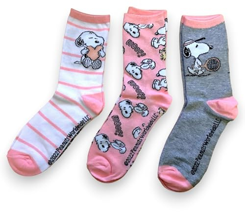 PEANUTS Snoopy-Socken, 3er-Pack, offizielle Socken, Rosa, Weiß und Grau, für Damen, Größe 3,5-7, Größe 36-40, Rosa, weiß und grau, 36-40