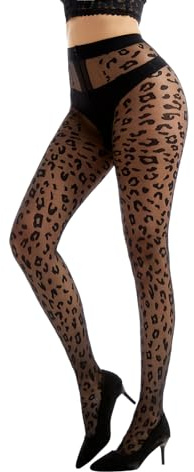Viyongan Patterned Tights for Women High Waist Pantyhose Black Sheer Stockings 15D(Leopard)