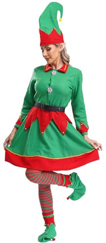 dPois Vestito da Elfo Festivo Donna Costume da Elfo Aiutante di Babbo Natale 6 Pezzi con Cintura Cappello Calze Scarpe Vestito Elfo Fata Costume di Natale Carnevale Halloween Verde XXL