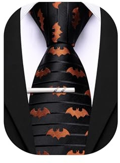 Barry.Wang Corbatas de seda para hombre, divertido juego de corbata y clip de corbata para boda, fiesta, negocios, formal, extra largo, Murciélago negro y naranja, talla única