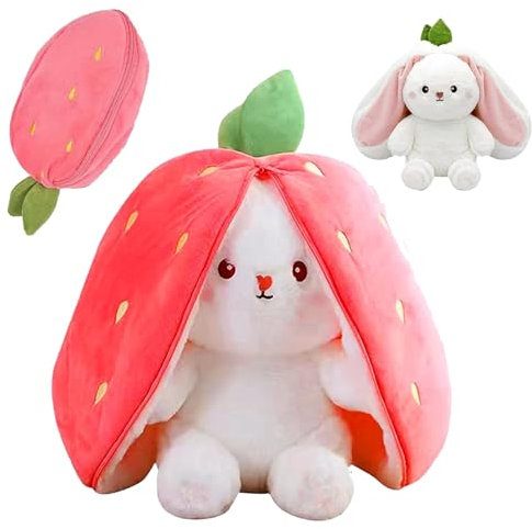 Eymobad Lapin en peluche, rose, 25 cm, motif de fraise, pour garçons, filles, bébés, enfants, adultes, Pâques, fraise
