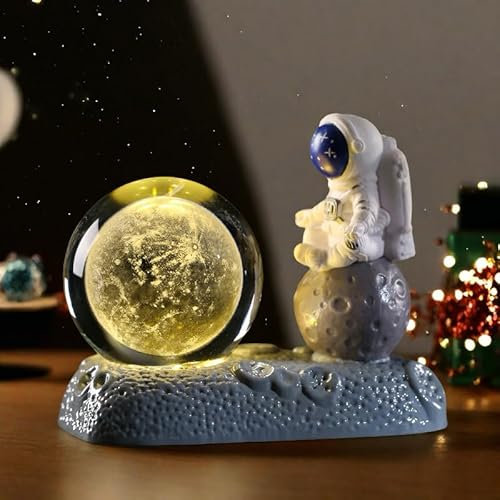 KINGGOO Bola de Cristal 3D con Patrón Espacial, Luz Nocturna para Niños con Base Astronauta, Lámpara LED Fantasía Galáctica con Sistema Solar Decoración Moderna para Dormitorio (Luna)