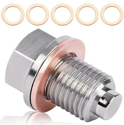 Tappo di Scarico Olio Magnetico M14x1,5 con 5 Rondelle in Rame, Vite Carter Motore in Acciaio Inox per Auto Moto Barca, Vite di Scarico Magnetica per Manutenzione e Sostituzione Olio