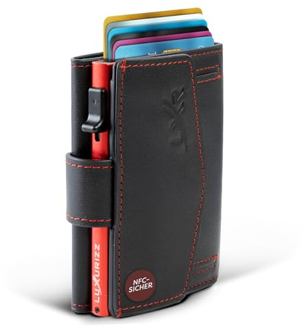 Luxurizz Smart Wallet aus echtem Leder rot/schwarz - Slim Wallet mit Münzfach & RFID-Schutz - praktisches Kartenetui mit Slider - Leder Geldbörse Herren & Damen für 10 Karten