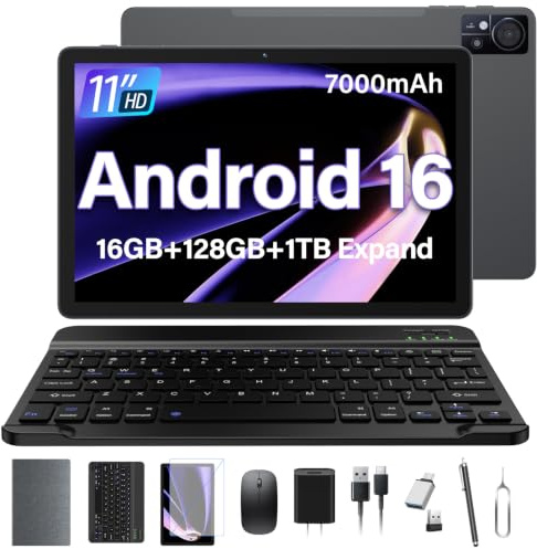 11 Inch-Android 15 Tablet 2026 Latest Update 16GB RAM 128GB ROM 1TB Expandion 5G WiFi Cellular 21MP Dual Camera Octa-core MTK8786.Gemini AI 2.0.Tablets with Keyboard,Mouse,protective film,Case-Gray