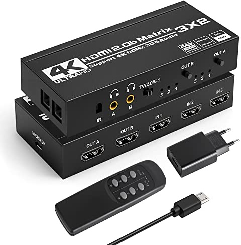 Tendak HDMI Matrix 3x2, 4K@60Hz HDMI Switch Matrix 3 In 2 Out Umschalter + Optisch Spdif & 3,5mm Stereo Audio Extractor Splitter Unterstützt HDCP 2.2 HDR 3D mit IR-Fernbedienung