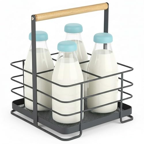 ALAYSTAR Mesh Black Metal Milk Bottle Holder 4 Pint Bottle Carrier Vintage Style Milk Caddy Rust-Resistant Iron Milk Crate with Wooden Handle for Doorstep & Kitchen Storage Weatherproof