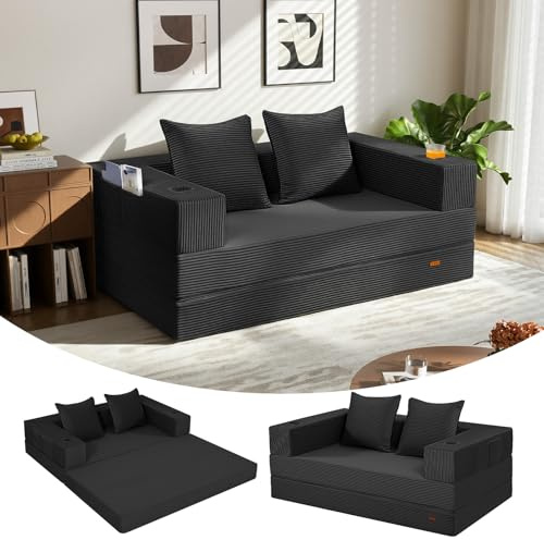 COMAX Futon Sofa Bed, 4‑in‑1 Convertible Sofa Bed, Folding Boneless Couches for Living Room, Fold Out Small Foldable Loveseat Floor Sleeper Comfy Mattress Lounge Space‑Saving, Black