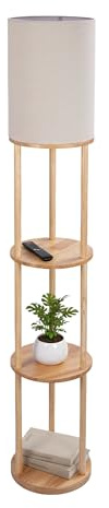 Relaxdays Golvlampa med hylla, HD: 180 x 30 cm, E27-fattning, trä och linne, modern design, golvlampa, naturlig vit