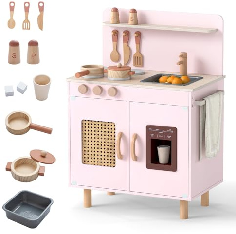 COSTWAY Cuisine Enfant en Bois avec Distributeur de Glace, 11 Accessoires, Jeu de Cuisine avec Cuisinière et Évier, Étagères et Armoire et Porte-Serviettes, Jeu d'Imitation pour 3 Ans+ (Rose)