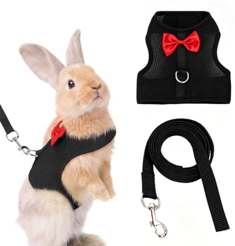 1 Harnais avec Laisse pour Lapin Noir, Nœud Rouge, Taille M (Tour de Poitrine 40 cm, Longueur Dos 12 cm) – Maille Respirante pour Promenades, Adapté aux Chats et Petits Chiens