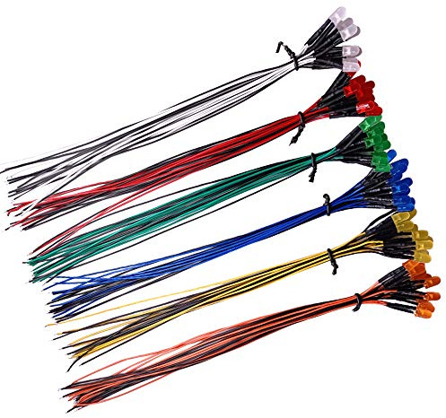 YIXISI 60 ST 5mm LED-dioder Tänds 6 Färger (Vardera 10 st) med Diffusa Färgade Linser, Ultraljust 12V 20cm Förkopplad, Orange/Vit/Röd/Blå/Grön/Gul