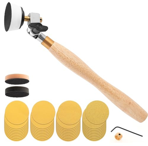 Bowl Sander For Woodturning 44‑Piece Set with 2 inch Sanding Discs Hook And Loop (80/120/150/220 grits), 1/4 In Mandrel, Soft & Medium Interface Pads — Dual‑Bearing Head, Hardwood Handle