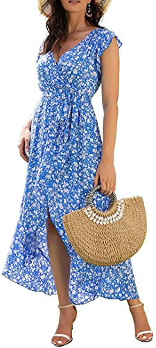 GRECERELLE Womens Summer Maxi Dress Boho Floral Cocktail Polka Dot Wrap Dresses V Neck Casual Party Bohemian Flowy Long Dress for Ladies (Cherry Blossom Blue, S)