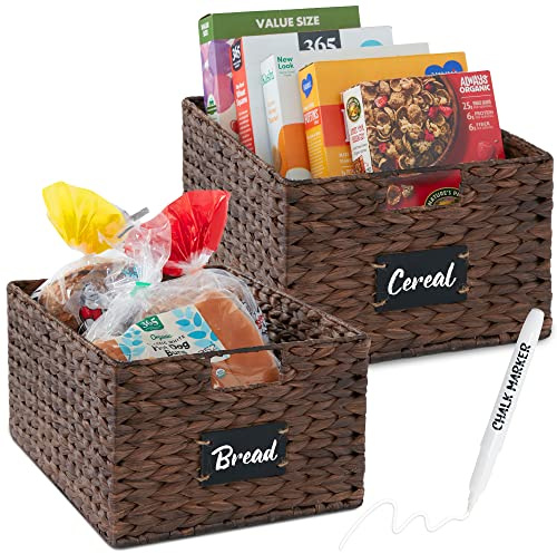 Best Choice Products Pantry Baskets Set of 2 16x12in Water Hyacinth Storage Baskets, Woven Wicker Kitchen Organizers with handles w/Chalkboard Label Chalk Marker - Brown