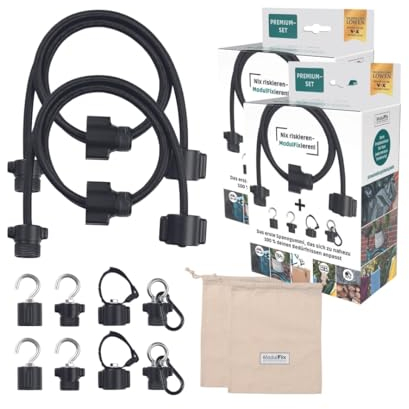 ModulFix verstellbarer Gepäckspanner 10-100 cm | 2er Premium Set je 9-teilig, extra starke Spanngummi mit Haken-, Karabiner, Klett-Adapter| Expander inkl. Stoffbeutel für Fahrrad, Camping Angeln, Auto