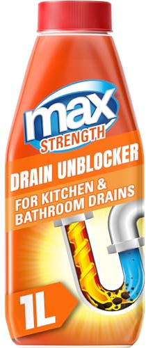 Max Strength Drain Unblocker, 1L, Heavy Duty Toilet Unblocker, Sink Unblocker and Drain Cleaner for Kitchen and Bathroom Drains, Fast-Acting Shower Drain Unblocker, Easy to Use Sink Cleaner