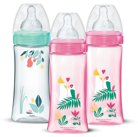 DODIE Lot de 3 Biberons Anti-Coliques Tétines Rondes 330ml +6 mois 3 vitesses Débit 3 - Rose et vert