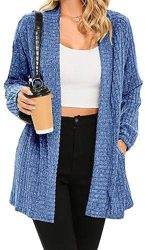 iChunhua Relaxed Fit Open Front Long Sleeved Fine Knit Cardigans for Women with Pockets Blue X-Large