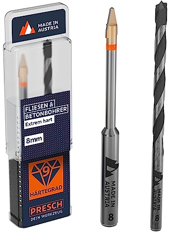 Presch Fliesenbohrer und Betonbohrer Set ⌀ 8mm | Feinsteinzeug Bohrer für Keramik, harte Fliesen, Porzellan und Glas | Profi Porzellanbohrer, Keramikbohrer inkl. passendem Betonbohrer und Box