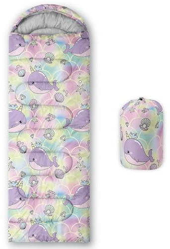 HOSIMA Sac de couchage pour enfants, garçons et filles, imprimé écailles de baleine mignonnes, léger, chaud, portable, extérieur, intérieur, imperméable, résistant au froid pour camping, randonnée