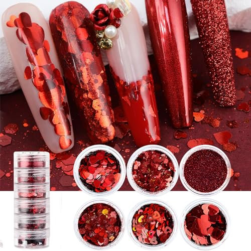 6 Boxes Valentine's Day Heart Nail Sequins & Flakes - Red, 3D Holographic, Nail Art Decals & Glitter for Women & Girls