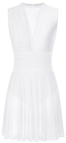 dPois Femme Robe Patinage sans Manches Robe Danse Ballet Strass Brillants Classique Académique Justaucorps Gymnastique Tenue Danse Type E Blanc S
