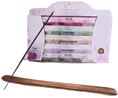 Set de barritas de Incienso con Quemador de Madera. Pack de 5 fragancias variadas de Varillas de Incienso con Certificado de Calidad Natural