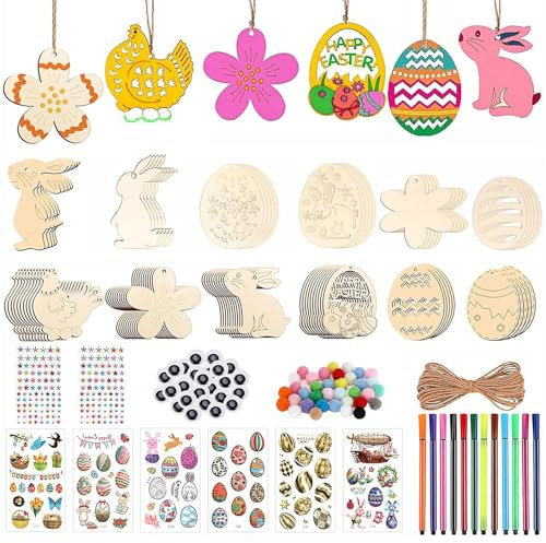 255 Stück Ostereier zum Bemalen Set, Ostereier zum Aufhängen, Holzanhänger Ostern Basteln Kinde, Ostern Anhänger Holz, Holzeier zum Bemalen, für Ostern DIY Kunsthandwerk und Kinder Geschenken