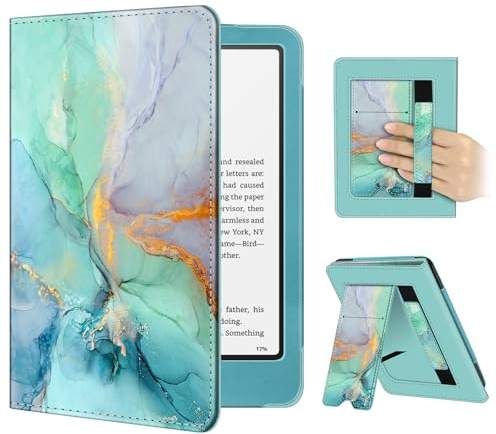FINTIE Fodral för 7 tum Kindle Paperwhite(12:e Gen) – 2024/Kindle Colorsoft | Fodral med Handrem och Automatisk Sömn/Väckning , Smaragd marmor
